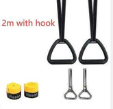Black nylon exercise straps with plastic triangle handles, metal hooks, and yellow wrist wraps