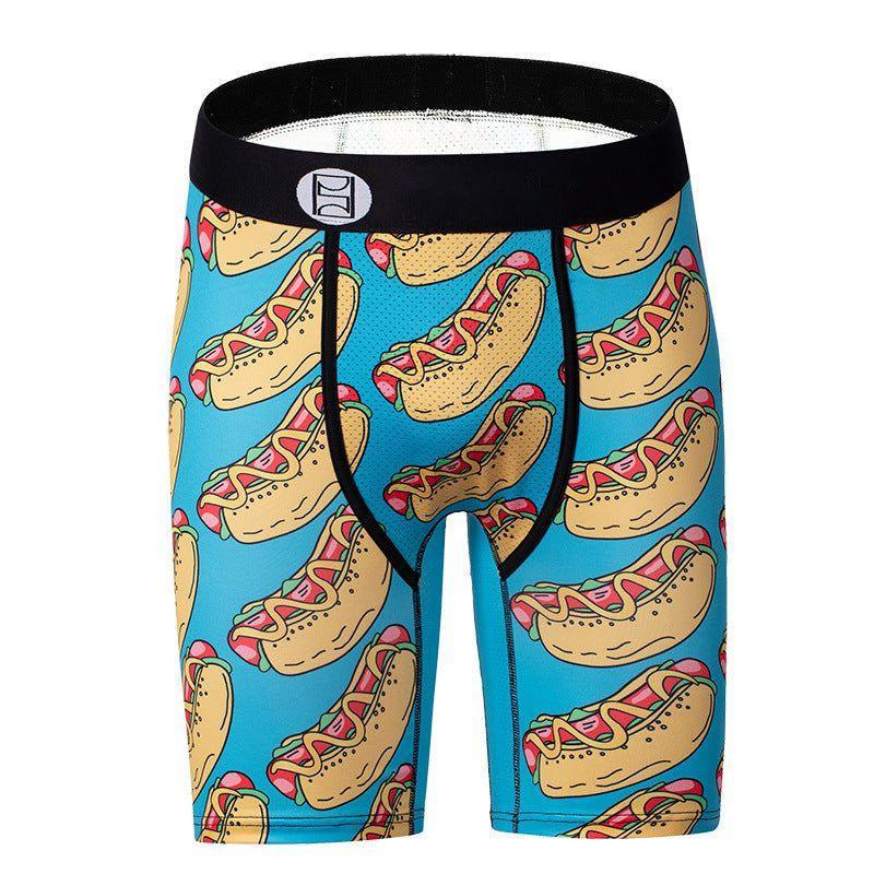 Men's fitted boxer briefs with blue background and hot dog graphic print, stretchy material