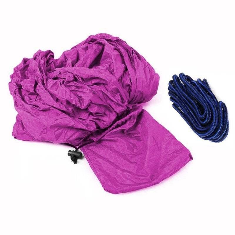 Purple nylon windbreaker jacket with cinch cord and blue drawstring accessory