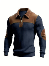 Navy ribbed pullover sweater with brown suede collar, shoulder, and elbow patches, slim fit