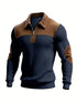 Navy ribbed pullover sweater with brown suede collar, shoulder, and elbow patches, slim fit