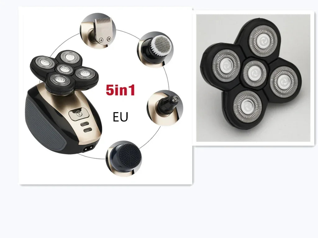 5-in-1 electric rotary shaver set with multiple grooming attachments, black and gold design
