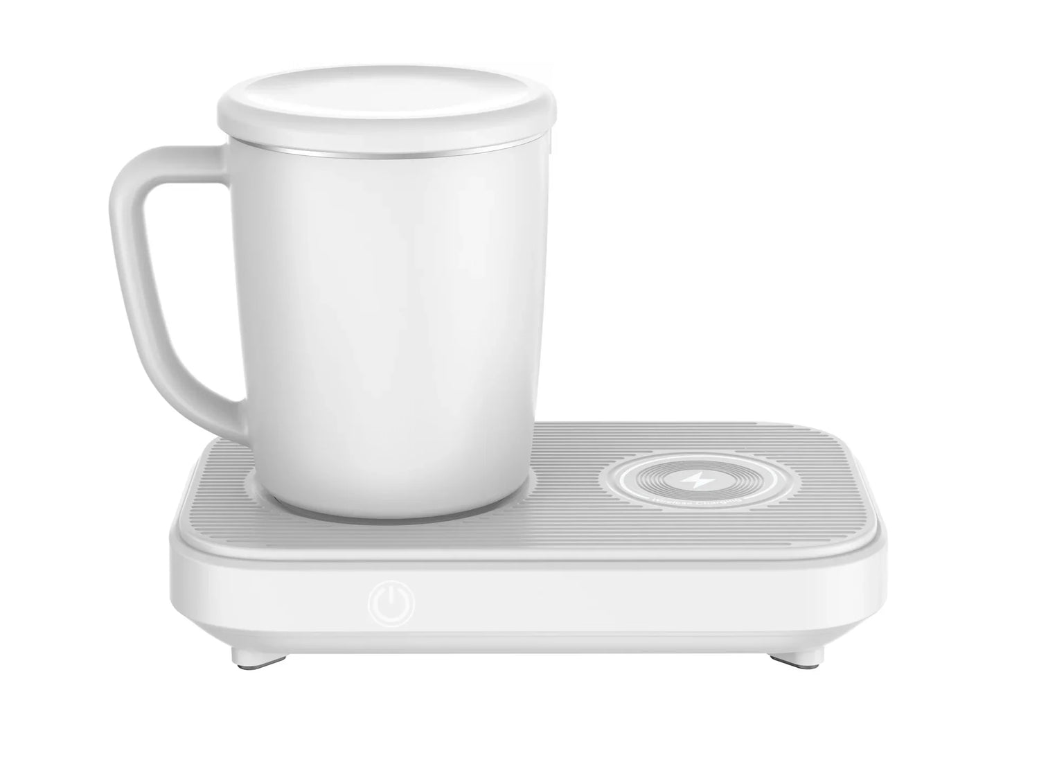 White ceramic mug with lid on a modern electric mug warmer, minimalist design