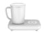 White ceramic mug with lid on a modern electric mug warmer, minimalist design