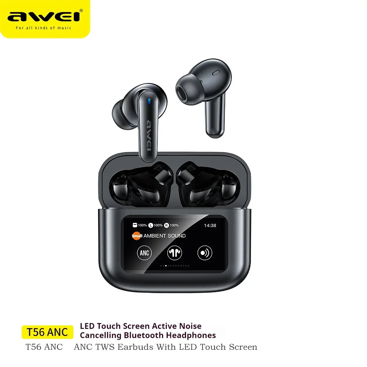 Black wireless earbuds with silicone tips, glossy finish, and LED display charging case
