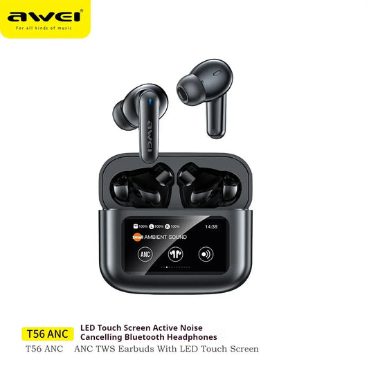 Black wireless earbuds with silicone tips, glossy finish, and LED display charging case