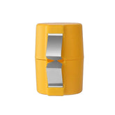 Yellow plastic and metal handheld pencil sharpener with double blades, compact design