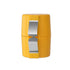 Yellow plastic and metal handheld pencil sharpener with double blades, compact design
