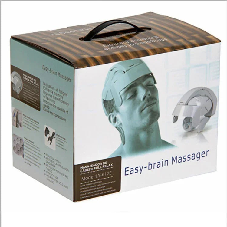 Box of an electronic head massager, featuring a grayscale image of a man wearing a futuristic, full-coverage device with smooth, plastic material and adjustable fit.