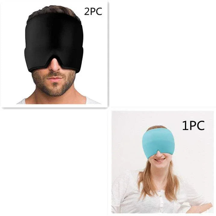 Man wearing black oversized sleep mask and woman in aqua blue sleep mask, soft fabric eye covers