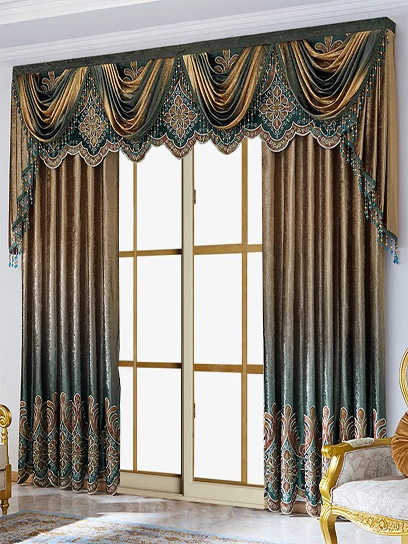 Elegant brown and green velvet drape curtains with embroidered valance and classic fit