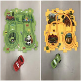 Two colorful puzzle play mats with cartoon car tracks and toy cars, animal and dinosaur themed.