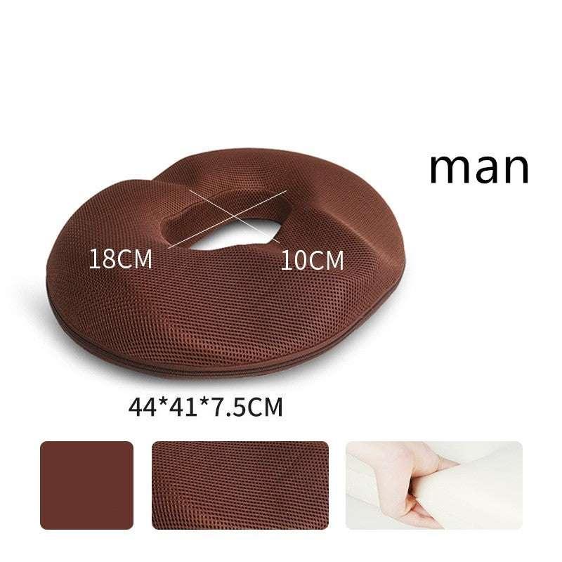 Brown ergonomic mesh seat cushion with central cutout, memory foam, size details visible.
