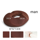 Brown ergonomic mesh seat cushion with central cutout, memory foam, size details visible.