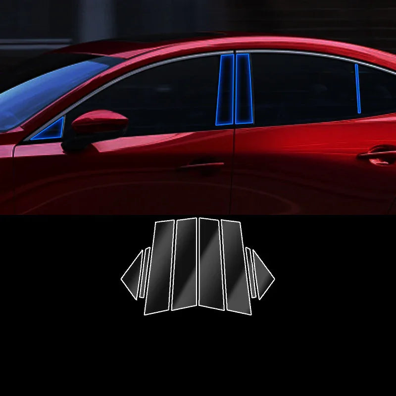 Glossy black car window pillar trim on red sedan, sleek modern fit, reflective finish