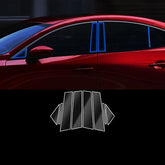 Glossy black car window pillar trim on red sedan, sleek modern fit, reflective finish