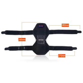 Black adjustable posture corrector with velcro straps and size measurements displayed