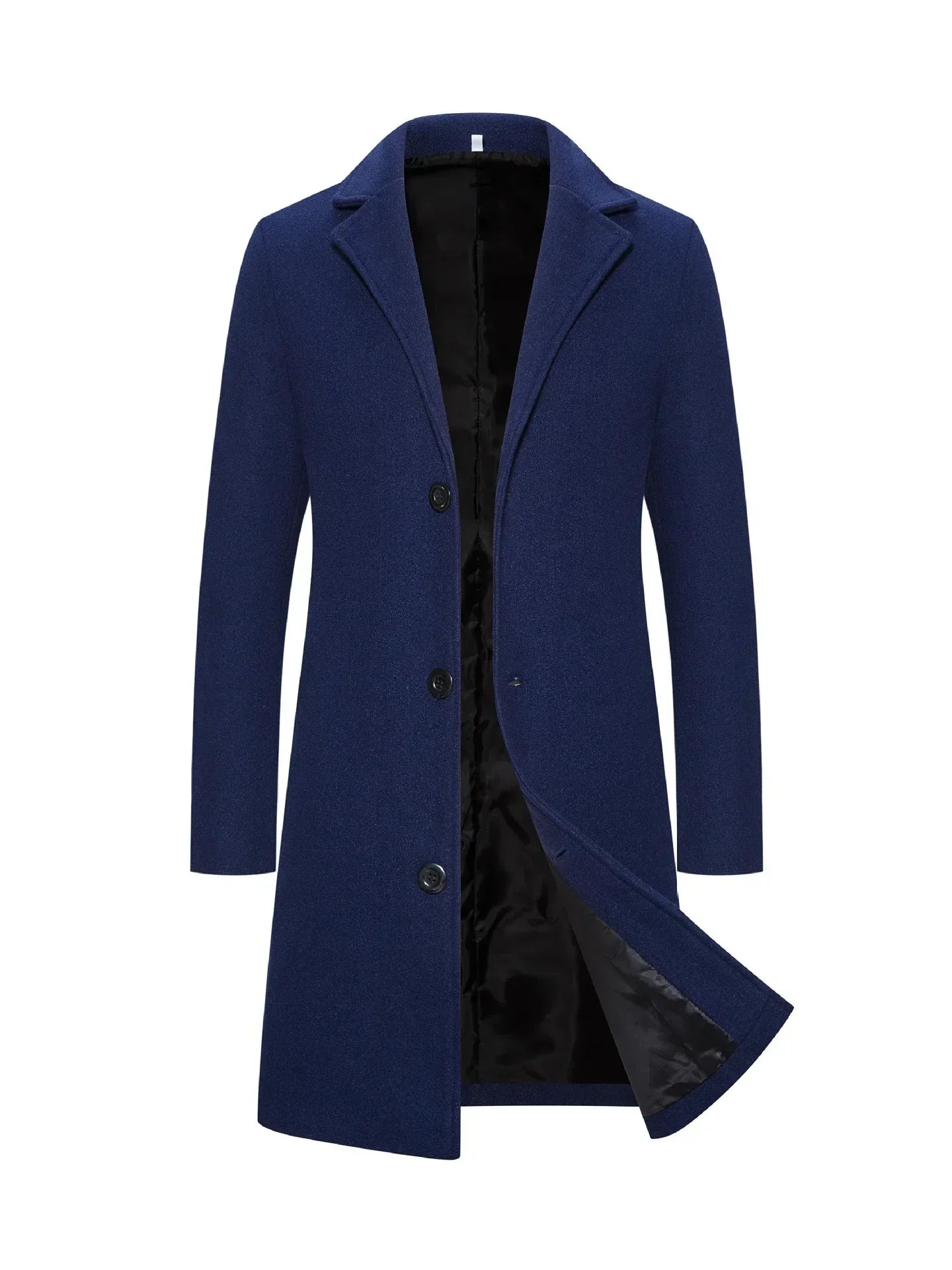 Men's slim fit long navy blue wool coat with black satin lining and button closure
