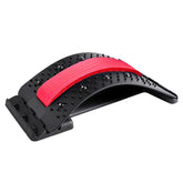 Adjustable black and red back stretcher with textured massage surface and arched design