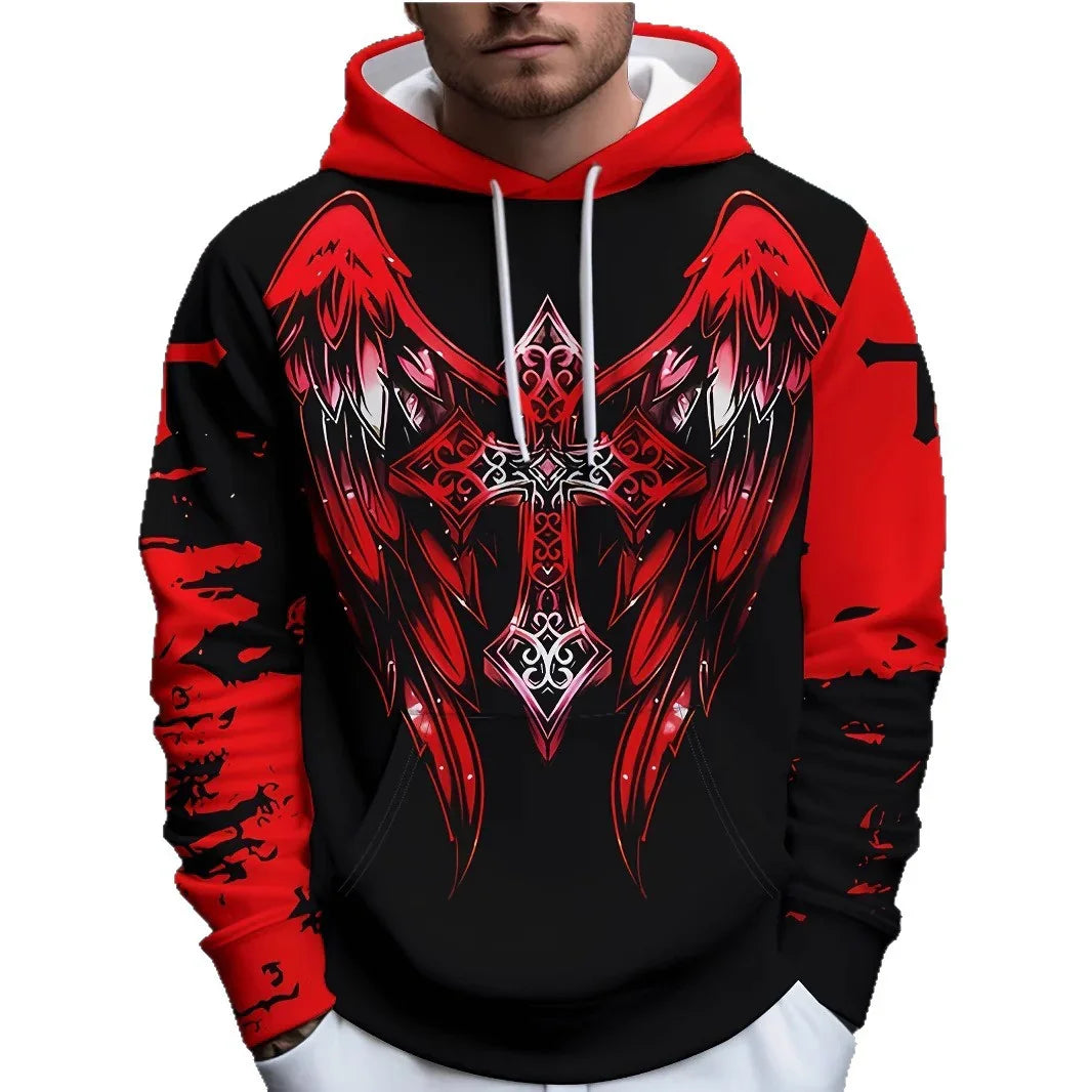 Black and red streetwear hoodie with bold wing and cross graphic, relaxed fit, drawstring hood.