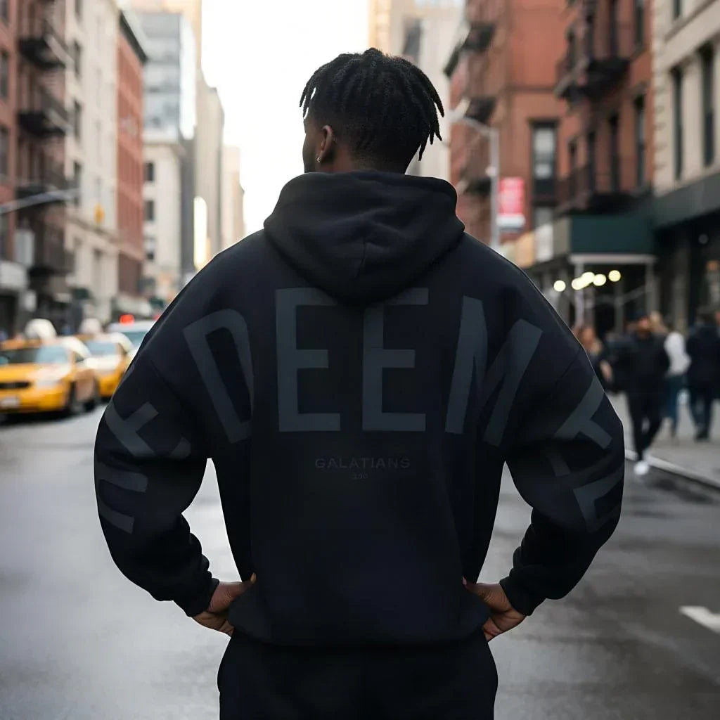 Man wearing oversized black streetwear hoodie with bold graphic text, relaxed urban fit