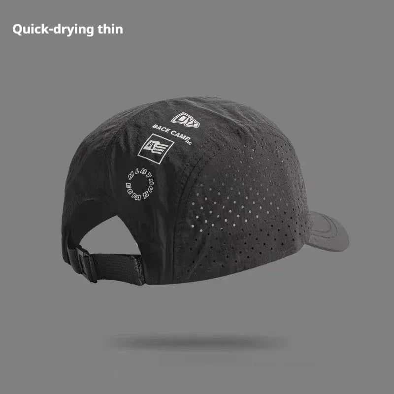 Black quick-drying lightweight cap with perforated design and adjustable strap, sporty fit