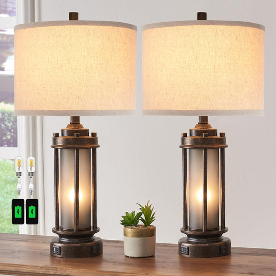 AIEAMPDO Set of 2 Rustic Table Lamps for Living Room, Vintage Nightstand Lamp with 2 USB Ports, Antique Retro Light Glass Night Light for Bedroom End Table Entryway