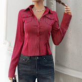 Fitted red and white pinstripe long sleeve shirt with collared neckline and chest pockets