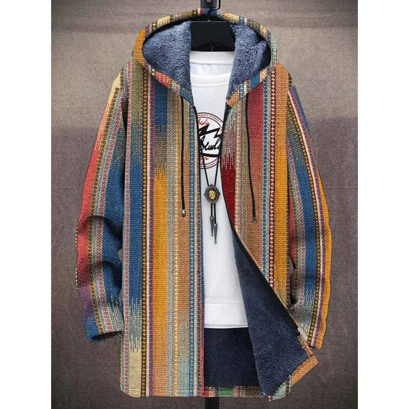 Colorful striped hooded jacket with fleece lining, relaxed fit, casual streetwear style