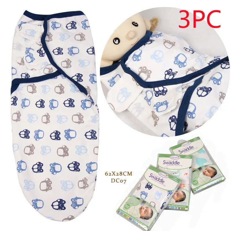 Blue and gray cartoon car print cotton baby swaddle blanket with navy trim, snug fit