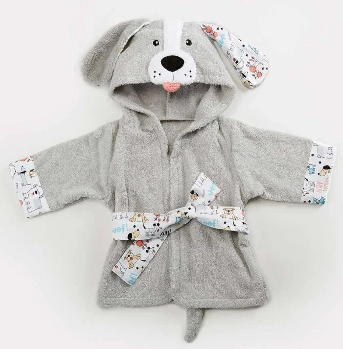 Gray plush hooded baby robe with dog face design, printed cuffs, and tie belt, relaxed fit