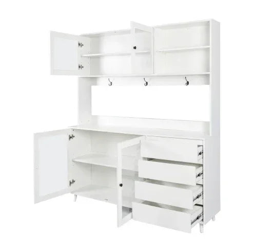 Modern white storage cabinet with shelves, drawers, and open compartments, minimalist design