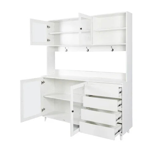 Modern white storage cabinet with shelves, drawers, and open compartments, minimalist design