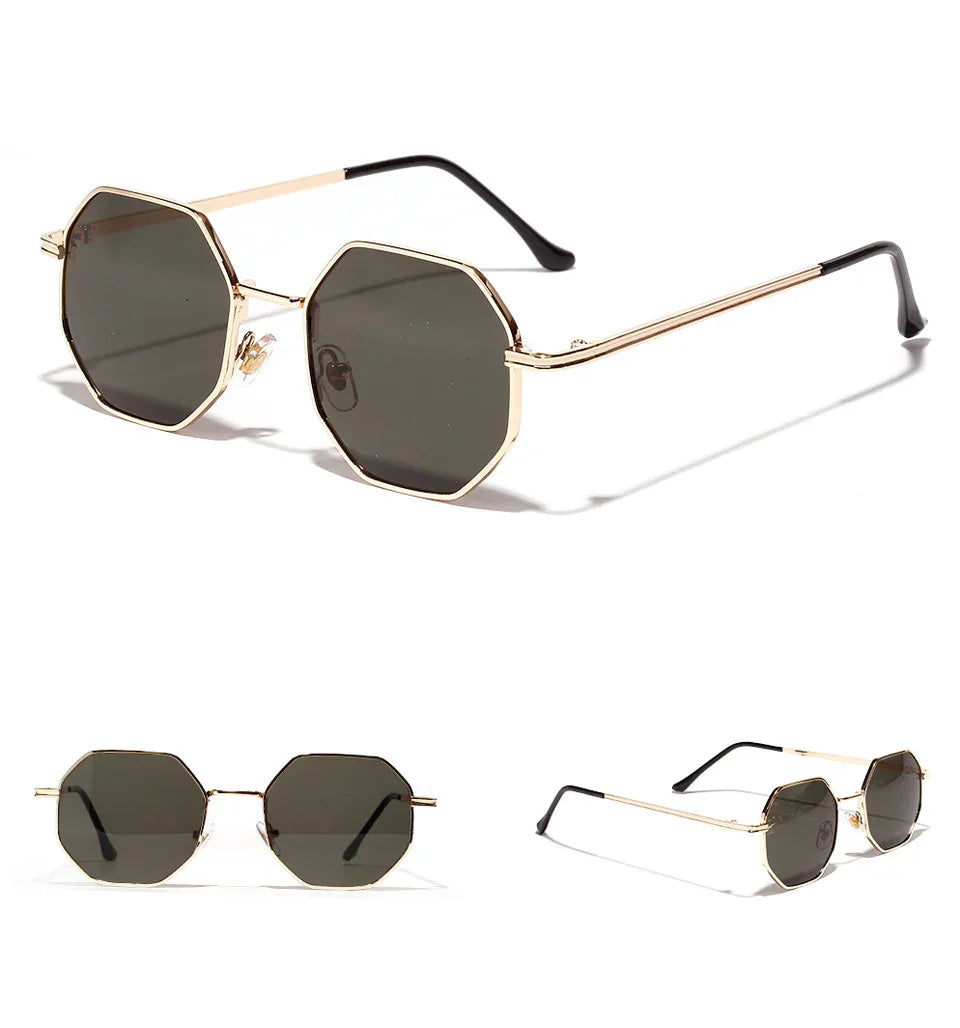 Octagon sunglasses with gold metal frame, dark lenses, and slim temples, futuristic streetwear style