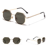 Octagon sunglasses with gold metal frame, dark lenses, and slim temples, futuristic streetwear style
