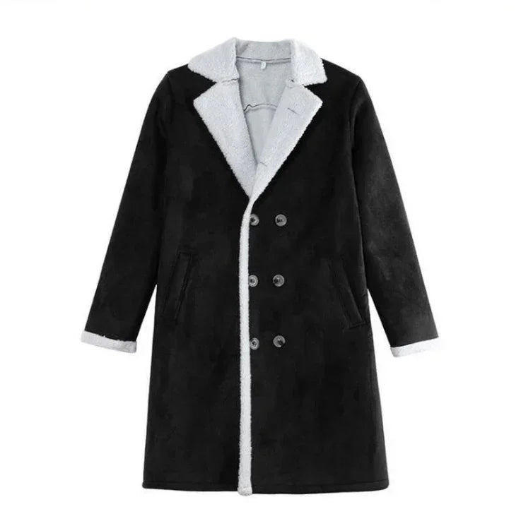 Black faux suede long coat with white sherpa lining, double-breasted, relaxed fit