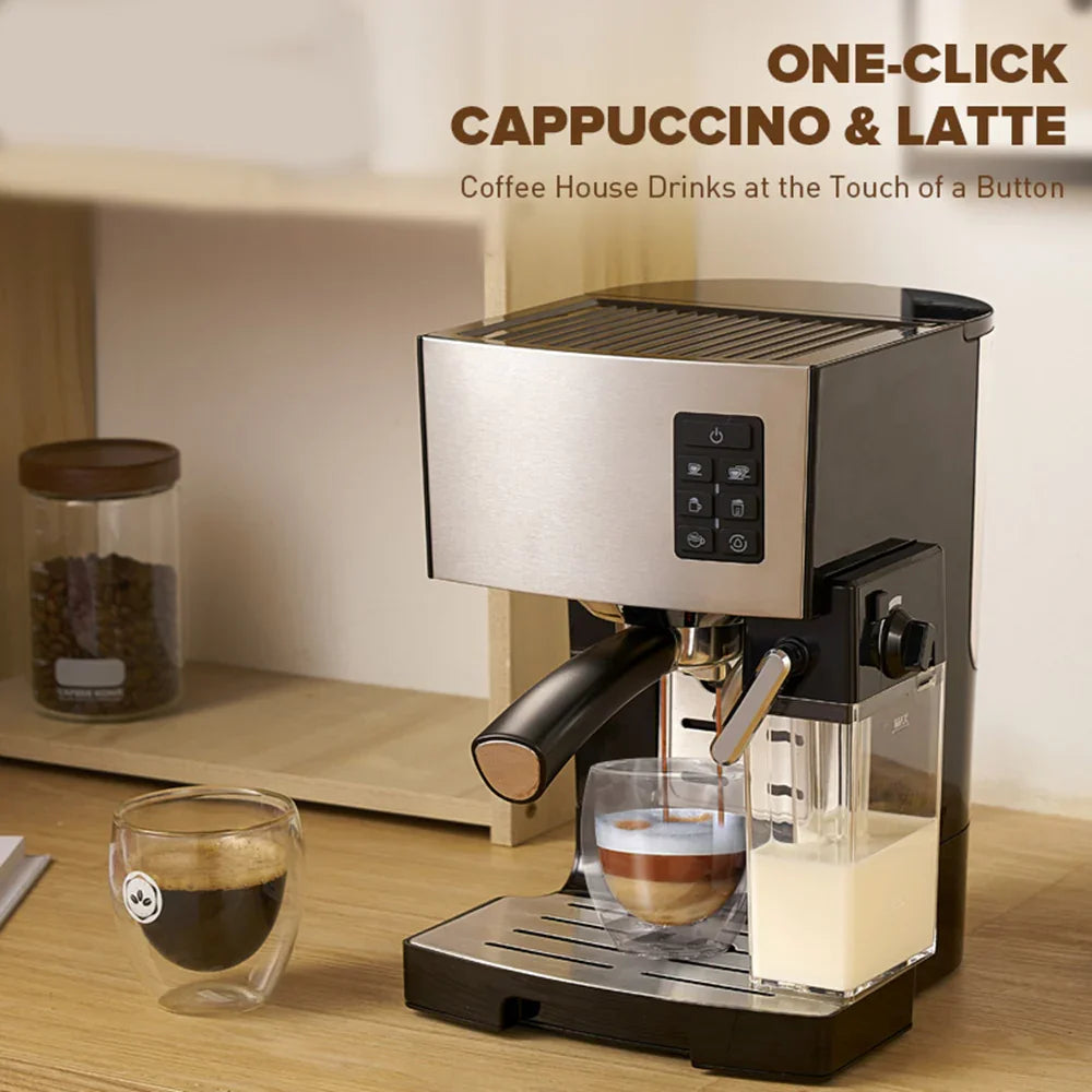 Modern espresso machine with milk frother making cappuccino, glass cups on wooden counter
