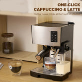 Modern espresso machine with milk frother making cappuccino, glass cups on wooden counter