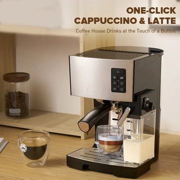 Modern espresso machine with milk frother making cappuccino, glass cups on wooden counter