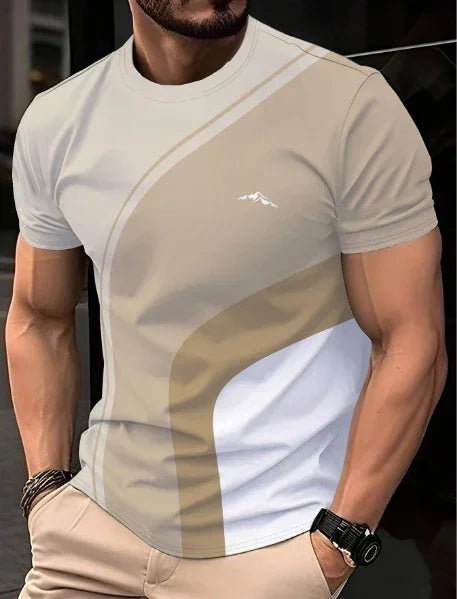 Men's fitted short-sleeve t-shirt in beige, tan, and white with modern colorblock design