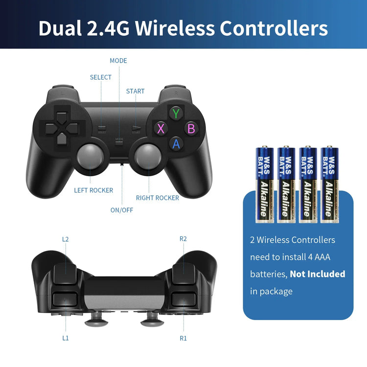 Black wireless game controller with labeled buttons and four AAA batteries beside it.