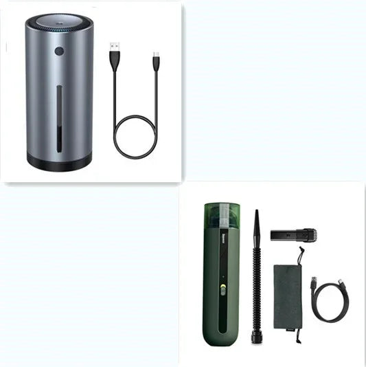Two compact, modern tech gadgets with USB charging cables and accessories, shown in grey and green.