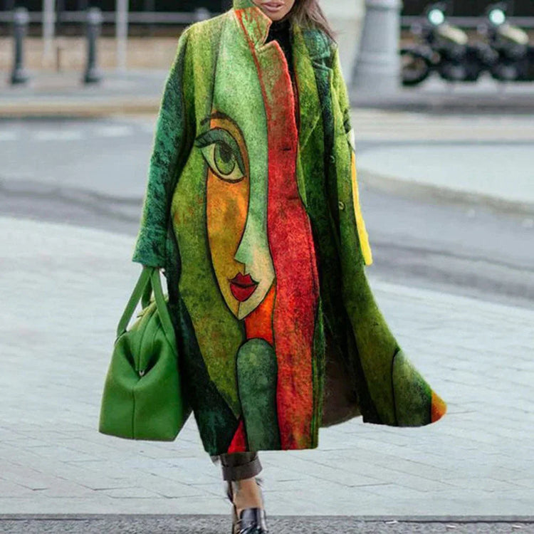 Woman wearing colorful oversized streetwear coat with abstract face print, bold colors, loose fit