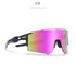 Futuristic mirrored magenta lens sunglasses with black angular frame and wide fit design
