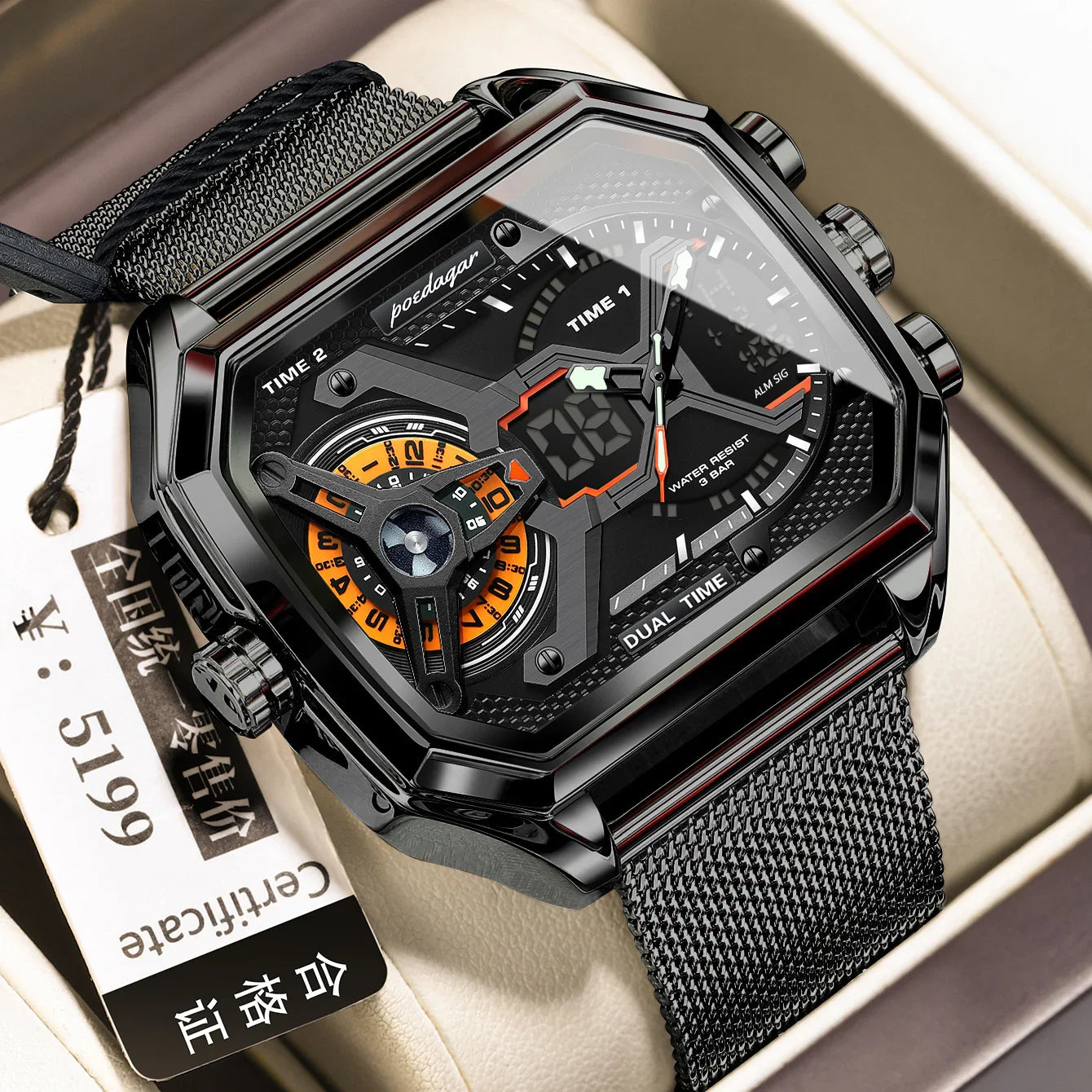 Futuristic black stainless steel dual time watch with mesh band and angular face design