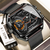 Futuristic black stainless steel dual time watch with mesh band and angular face design