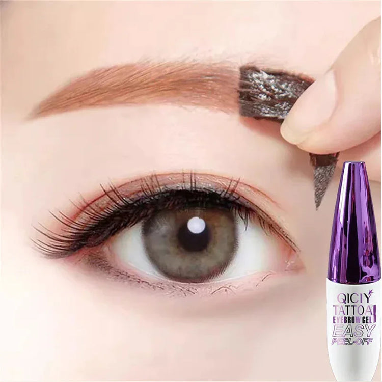 Close-up of eyebrow being shaped with peel-off eyebrow gel, showing natural makeup look