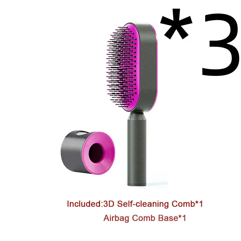 Modern 3D self-cleaning hairbrush with pink and black design, ergonomic handle, detachable base.