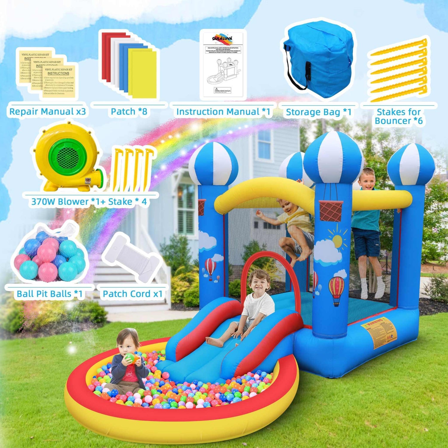 Kids playing in a blue and yellow inflatable bounce house with slide and ball pit on grass.