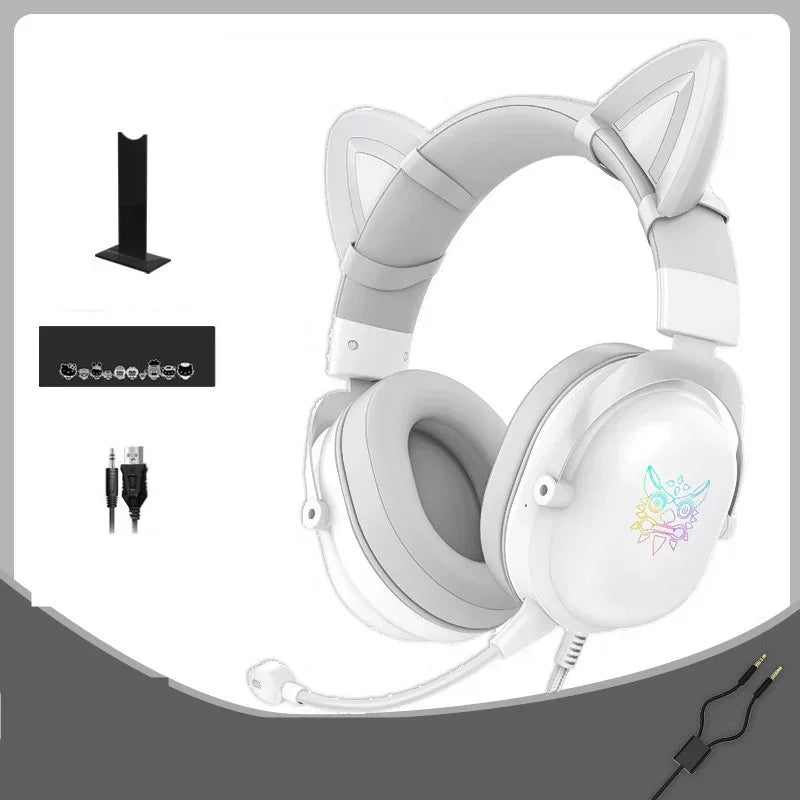 White over-ear headphones with cat ear design, cushioned headband, and detachable mic
